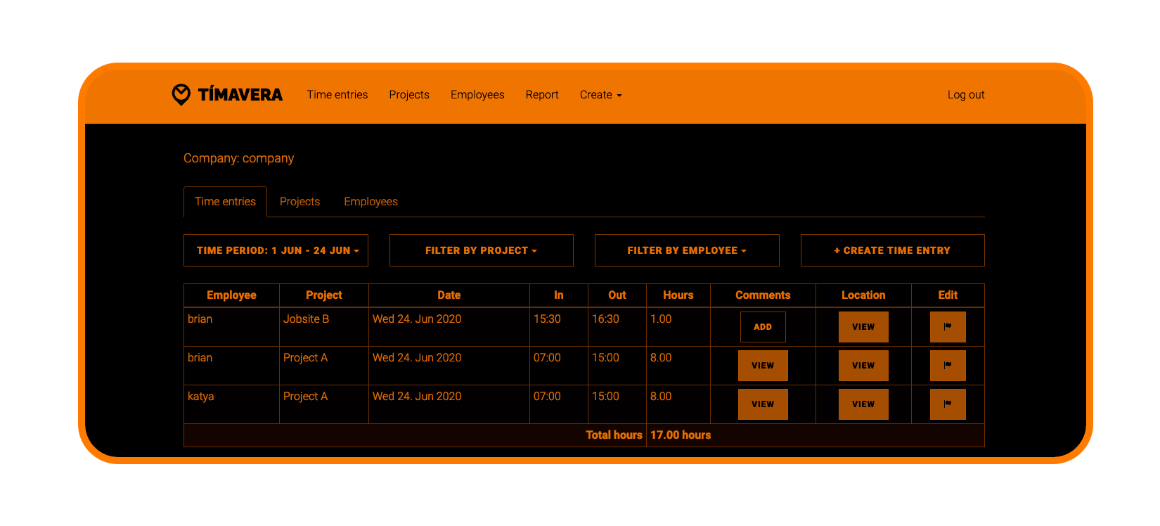 Screenshot of the Tímavera web dashboard. Shown is a table containing 3 time entries. The main pages are Time Entries, Projects, Employees, Report. The time entries table can then be filtered by calendar dates, project, and or employee.